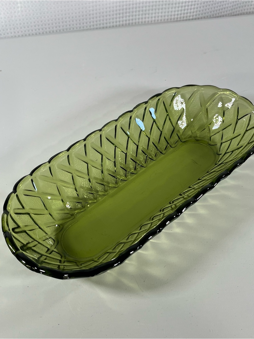 Indiana Glass Olive Green Pressed Glass Serving Dish